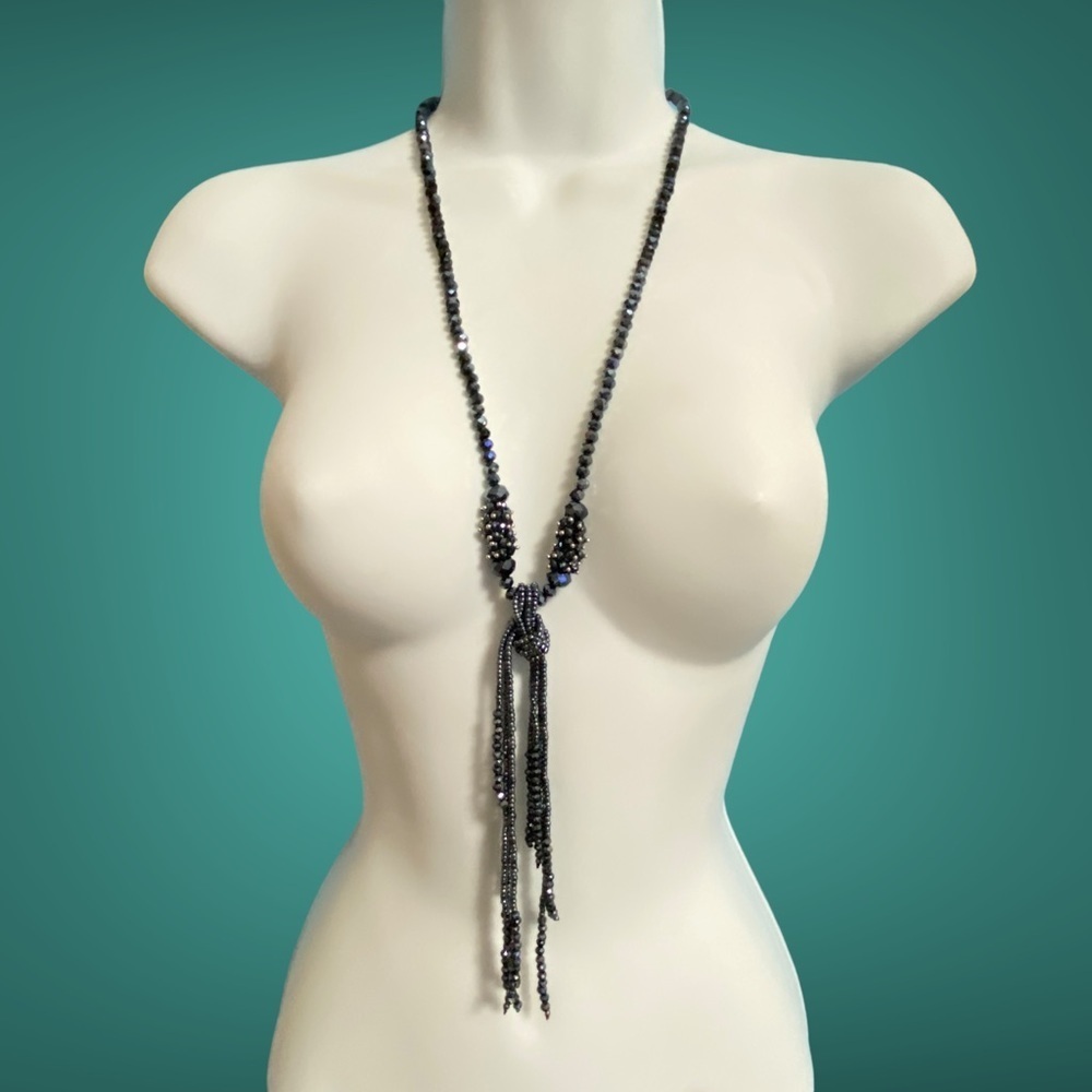 AMRITA SINGH Glass Faceted Beaded Necklace Gunmetal Tassel Long Necklace